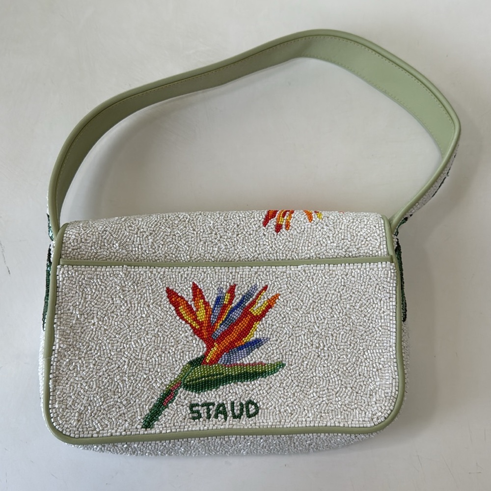 Staud Bird of Paradise Beaded Shoulder Bag Bead White Green Tropical Floral - Picture 3 of 11